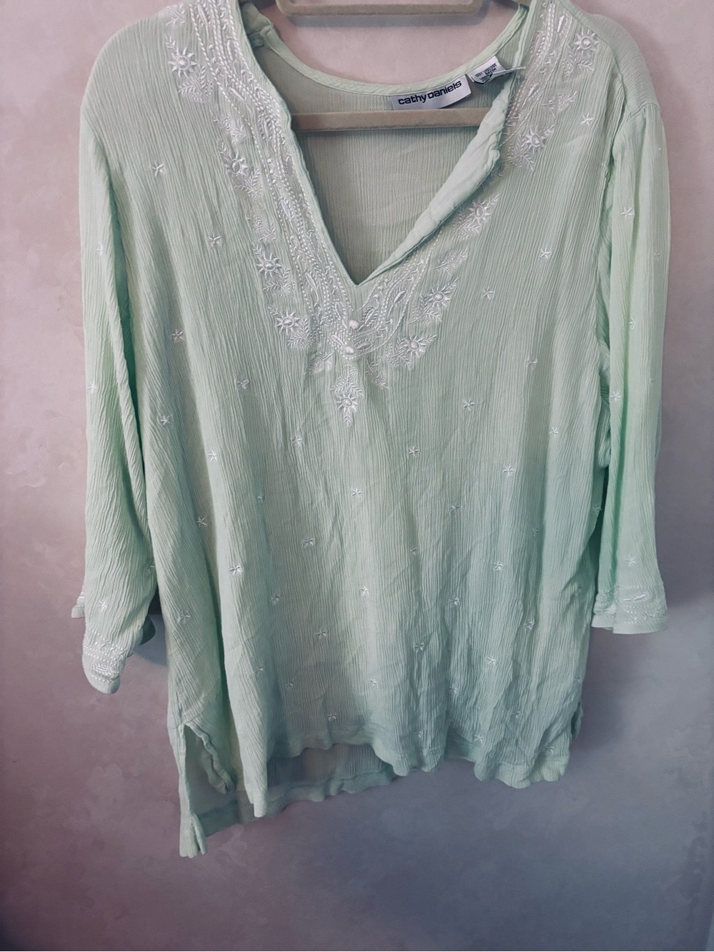 Cathy Daniels Light Mint Green Embroidered V-Neck Tunic